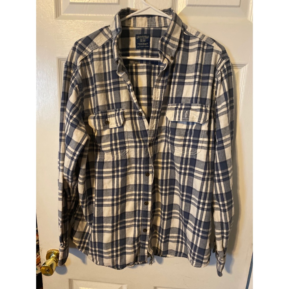 Faded Glory Mens XL Blue White Plaid Flannel Shirt Long Sleeve Cotton Button Up